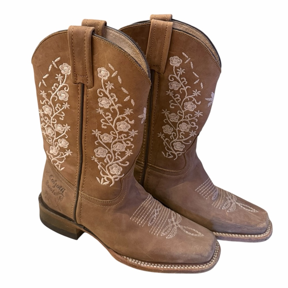 Calzatti Avellana Nubuck Embroidered Square Toe Roper Cowboy Boot Size 7